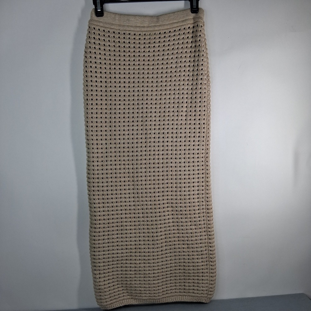 Gianni Bini Crochet Knit Maxi Skirt Tan Beige XS Boho Open Weave Long Pencil